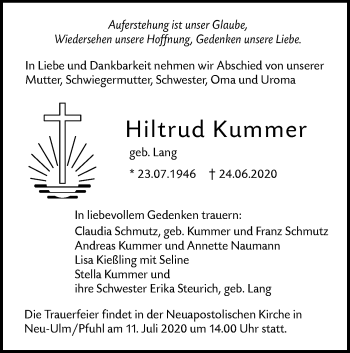 Traueranzeige von Hiltrud Kummer von SÜDWEST PRESSE Ausgabe Ulm/Neu-Ulm