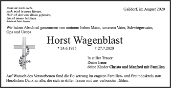 Traueranzeige von Horst Wagenblast von Rundschau Gaildorf