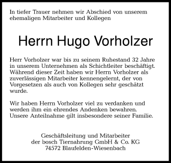 Traueranzeige von Hugo Vorholzer von Hohenloher Tagblatt