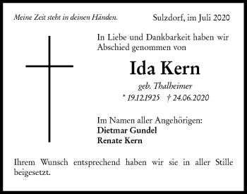 Traueranzeige von Ida Kern von Haller Tagblatt