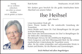 Traueranzeige von Ilse Heihsel von Metzinger-Uracher Volksblatt