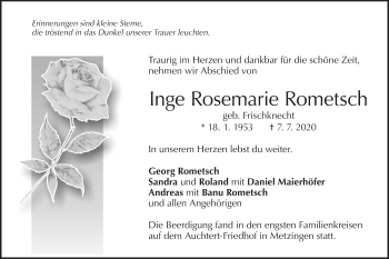 Traueranzeige von Inge Rosemarie Rometsch von Metzinger-Uracher Volksblatt