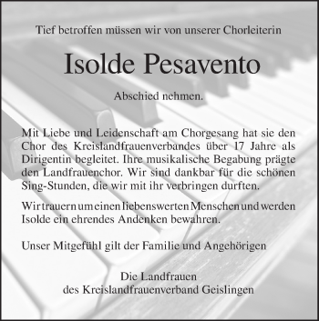 Traueranzeige von Isolde Pesavento von Geislinger Zeitung