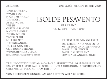 Traueranzeige von Isolde Pesavento von Geislinger Zeitung