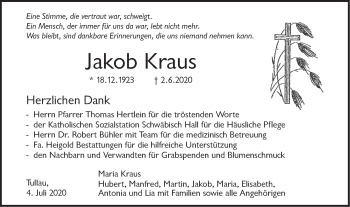 Traueranzeige von Jakob Kraus von Haller Tagblatt