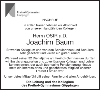 Traueranzeige von Joachim Baum von NWZ Neue Württembergische Zeitung