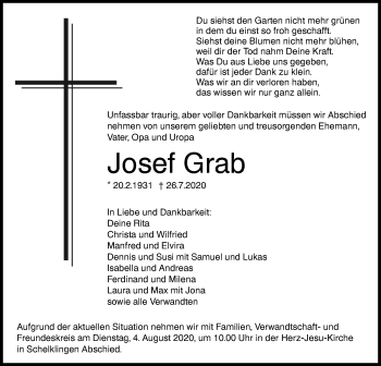 Traueranzeige von Josef Grab von Ehinger Tagblatt