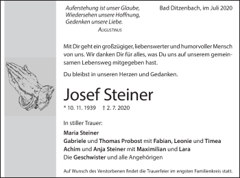 Traueranzeige von Josef Steiner von Geislinger Zeitung