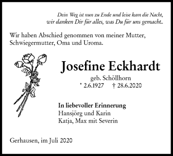 Traueranzeige von Josefine Eckhardt von SÜDWEST PRESSE Ausgabe Ulm/Neu-Ulm