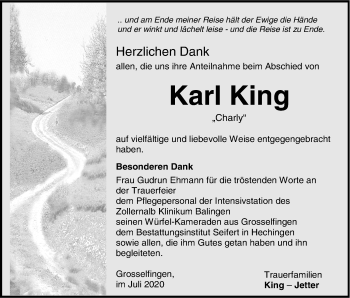 Traueranzeige von Karl King von Hohenzollerische Zeitung