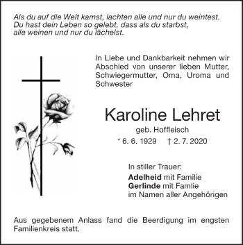 Traueranzeige von Karoline Lehret von SÜDWEST PRESSE Ausgabe Ulm/Neu-Ulm