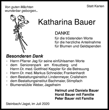 Traueranzeige von Katharina Bauer von Hohenloher Tagblatt