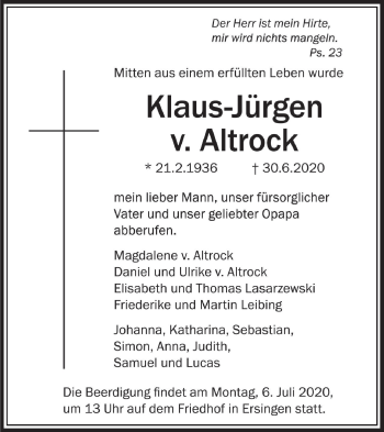 Traueranzeige von Klaus-Jürgen v. Altrock von SÜDWEST PRESSE Ausgabe Ulm/Neu-Ulm