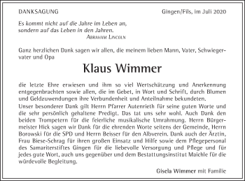 Traueranzeige von Klaus Wimmer von Geislinger Zeitung