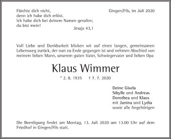 Traueranzeige von Klaus Wimmer von NWZ Neue Württembergische Zeitung/Geislinger Zeitung