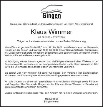 Traueranzeige von Klaus Wimmer von NWZ Neue Württembergische Zeitung/Geislinger Zeitung