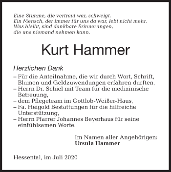 Traueranzeige von Kurt Hammer von Haller Tagblatt