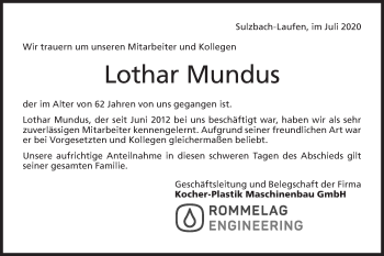 Traueranzeige von Lothar Mundus von Rundschau Gaildorf