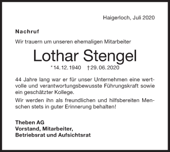 Traueranzeige von Lothar Stengel von Hohenzollerische Zeitung