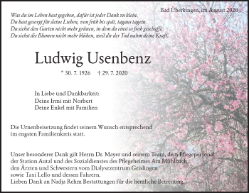 Traueranzeige von Ludwig Usenbenz von Geislinger Zeitung