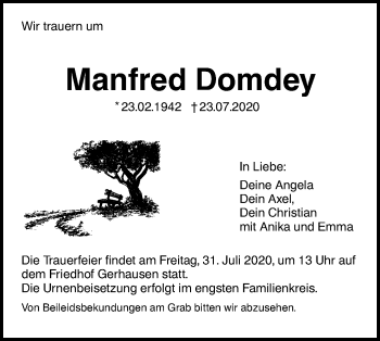 Traueranzeige von Manfred Domdey von SÜDWEST PRESSE Ausgabe Ulm/Neu-Ulm