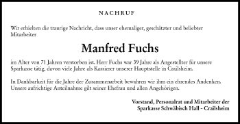 Traueranzeige von Manfred Fuchs von Hohenloher Tagblatt