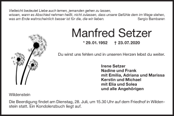 Traueranzeige von Manfred Setzer von Hohenloher Tagblatt