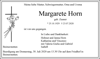 Traueranzeige von Margarete Horn von SÜDWEST PRESSE Ausgabe Ulm/Neu-Ulm