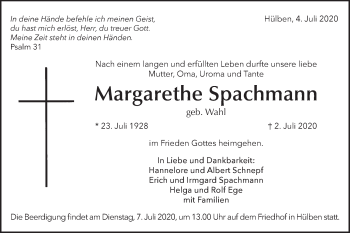 Traueranzeige von Margarethe Spachmann von Metzinger-Uracher Volksblatt