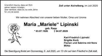 Traueranzeige von Maria  Lipinski von NWZ Neue Württembergische Zeitung