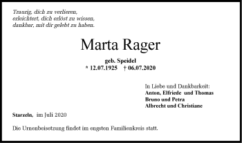 Traueranzeige von Maria Rager von Hohenzollerische Zeitung