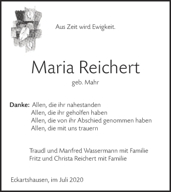 Traueranzeige von Maria Reichert von Haller Tagblatt