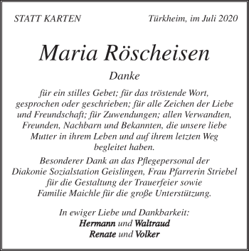 Traueranzeige von Maria Röscheisen von Geislinger Zeitung