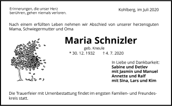 Traueranzeige von Maria Schnizler von Metzinger-Uracher Volksblatt