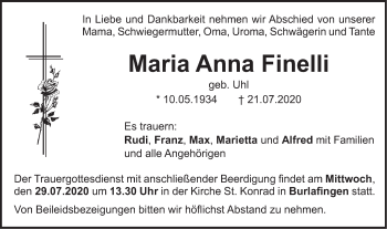 Traueranzeige von Maria Anna Finelli von SÜDWEST PRESSE Ausgabe Ulm/Neu-Ulm