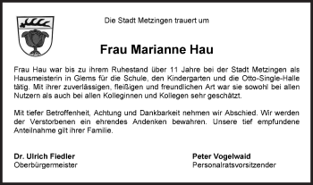 Traueranzeige von Marianne Hau von Metzinger-Uracher Volksblatt