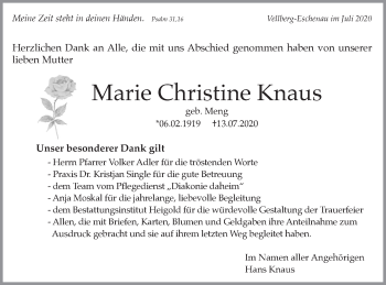 Traueranzeige von Marie Christine Knaus von Haller Tagblatt