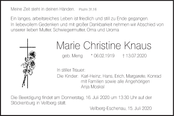 Traueranzeige von Marie Christine Knaus von Haller Tagblatt