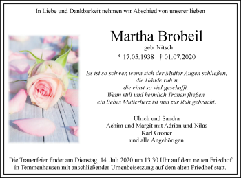 Traueranzeige von Martha Brobeil von SÜDWEST PRESSE Ausgabe Ulm/Neu-Ulm