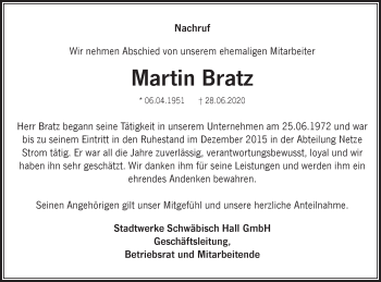 Traueranzeige von Martin Bratz von Haller Tagblatt