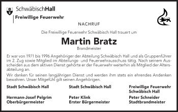 Traueranzeige von Martin Bratz von Haller Tagblatt