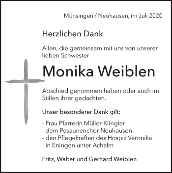 Traueranzeige von Monika Weiblen von Metzinger-Uracher Volksblatt