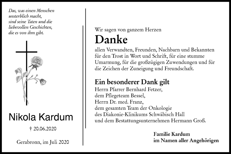  Traueranzeige für Nikola Kardum vom 14.07.2020 aus Hohenloher Tagblatt