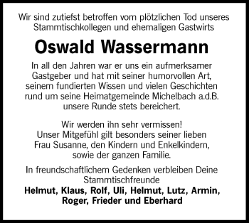 Traueranzeige von Oswald Wassermann von Haller Tagblatt