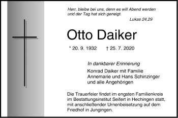 Traueranzeige von Otto Daiker von Hohenzollerische Zeitung