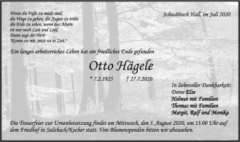 Traueranzeige von Otto Hägele von Haller Tagblatt