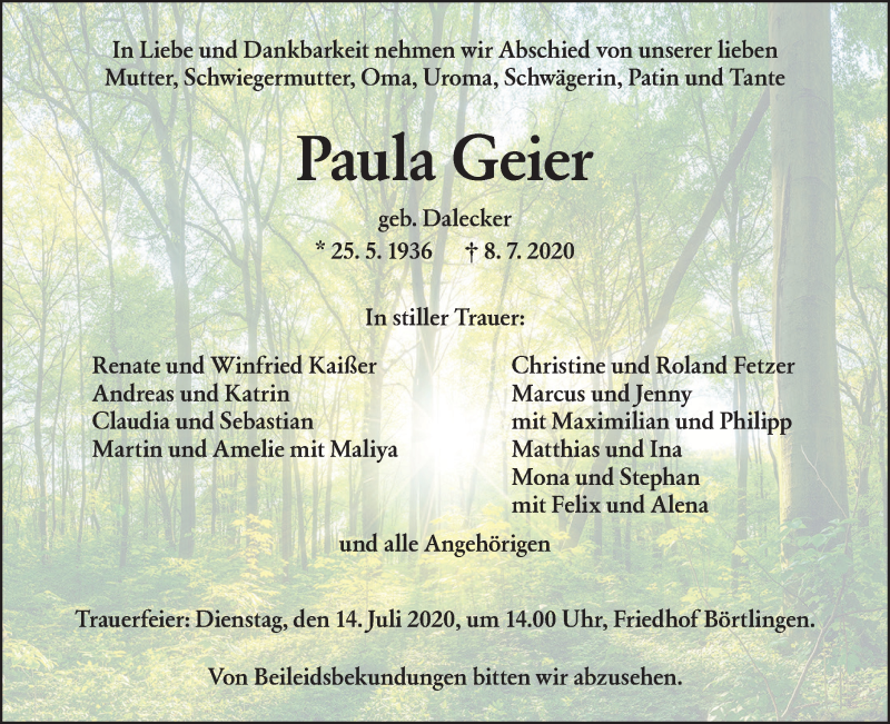  Traueranzeige für Paula Geier vom 11.07.2020 aus NWZ Neue Württembergische Zeitung