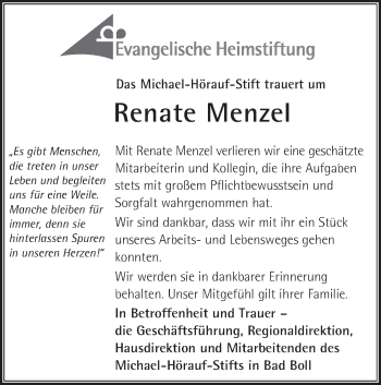 Traueranzeige von Renate Menzel von NWZ Neue Württembergische Zeitung