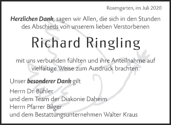 Traueranzeige von Richard Ringling von Haller Tagblatt