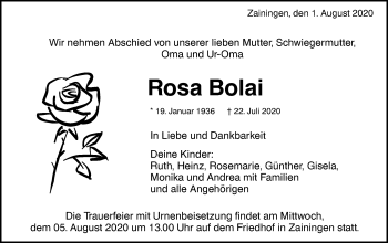 Traueranzeige von Rosa Bolai von Alb-Bote/Metzinger-Uracher Volksblatt